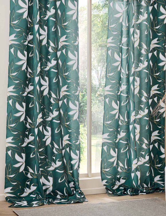 Rideau motif feuillage, d&eacute;tails m&eacute;tallis&eacute;s (&eacute;meraude / dor&eacute;)
