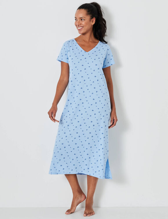 Chemise de nuit longue imprim&eacute;e fleurs (bleu glacier)