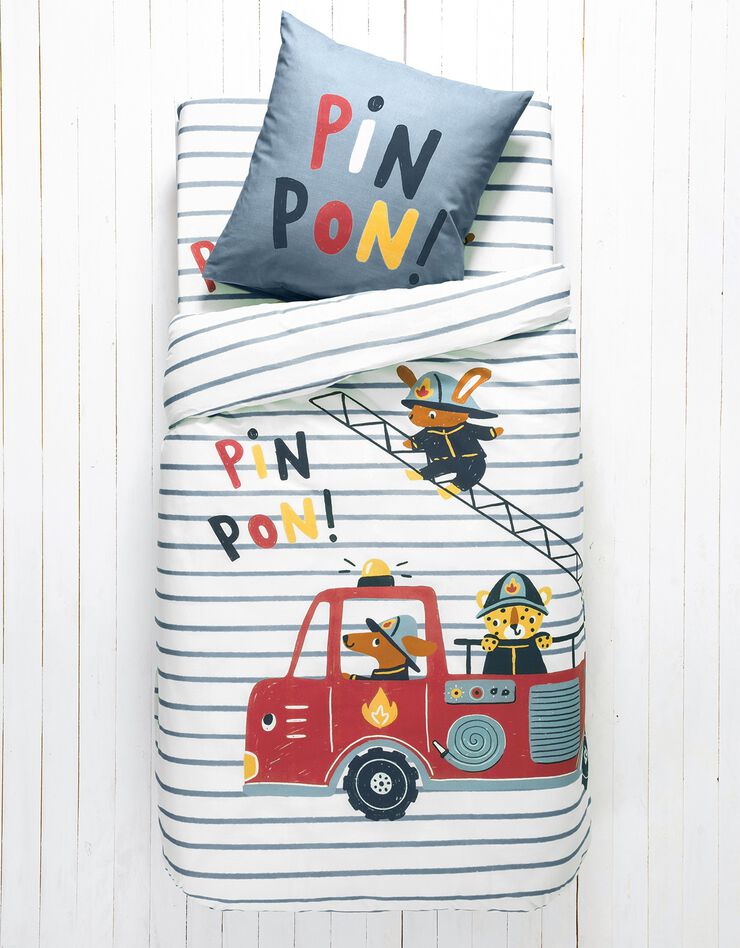 Linge de lit enfant à motifs Pompiers en coton (bleu ciel)
