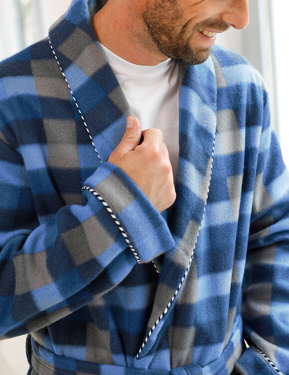 Robe de chambre courte maille polaire (carreaux bleu)