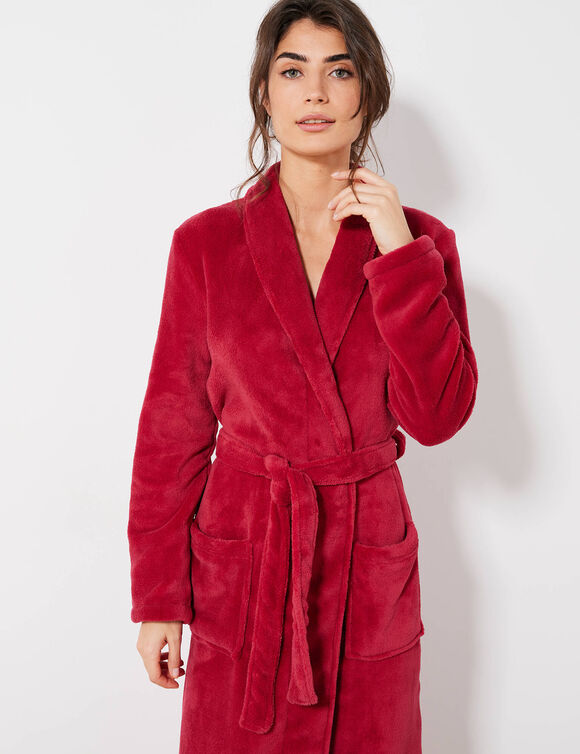 Fleece-badjas met pluche-achtige textuur en lange mouwen, lengte 130 cm (kersenrood)