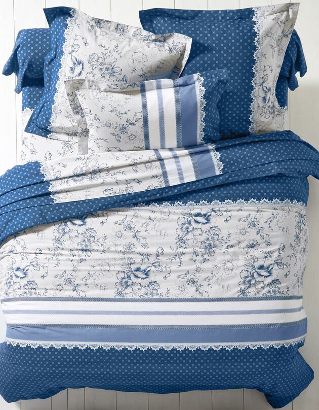 Linge de lit Gabrielle en coton imprimé pois, fleurs et dentelle, bleu marine, hi-res