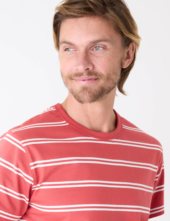 T-shirt ray&eacute; col rond manches courtes - coton biologique(**) (corail / &eacute;cru)
