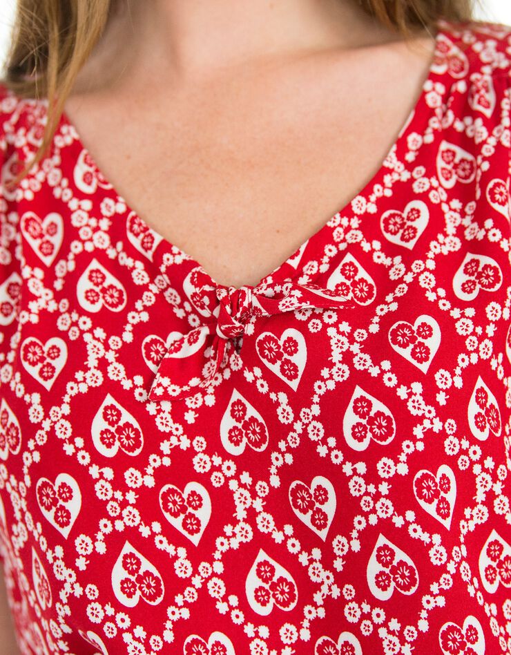 Blouse imprimée coeurs, petit noeud au décolleté (rouge)