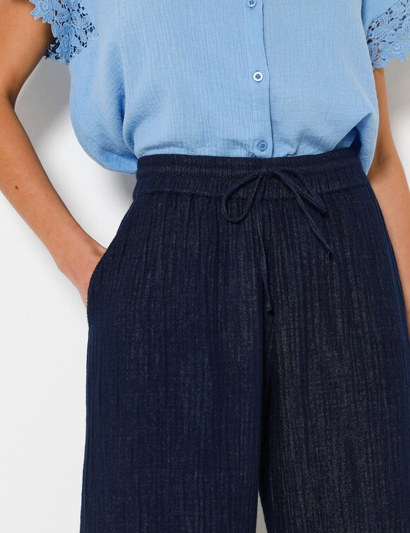 Pantalon large taille haute effet jean, en gaze de coton (indigo)