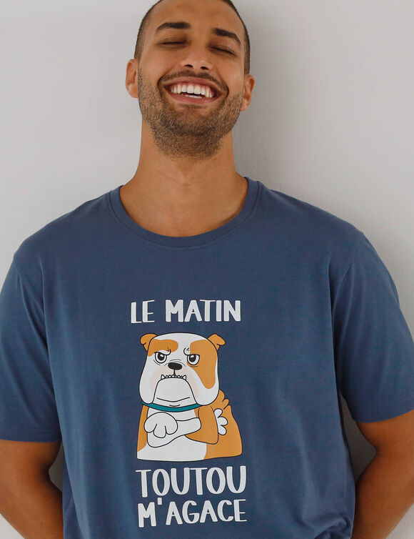 Shortama met letter- en puppymotief, korte mouwen (marine / chin&eacute; grijs)