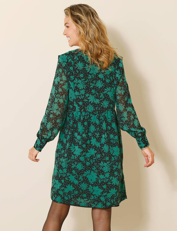 Robe voile Georgette imprimé végétal stylisé (noir / vert)