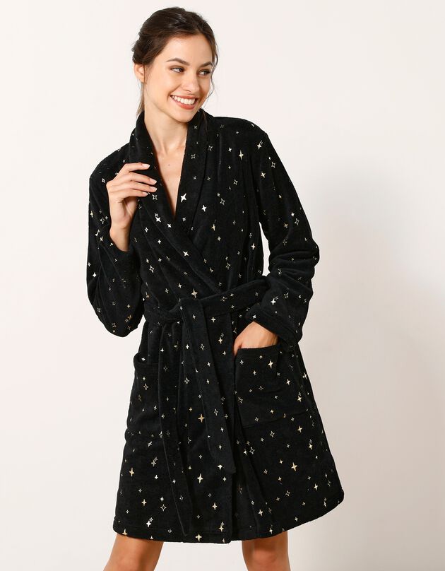 Korte peignoir in fleece, goudkleurige sterrenprint (zwart / goudkleurig)