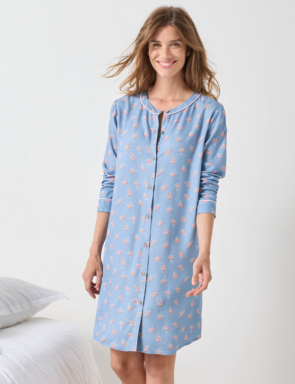 Chemise de nuit forme liquette imprimé fleuri boutonnée devant  (bleu / rose)