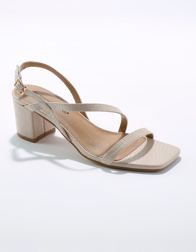 Sandalen met fijne riempjes, kroko-effect en vierkante hak (crème)
