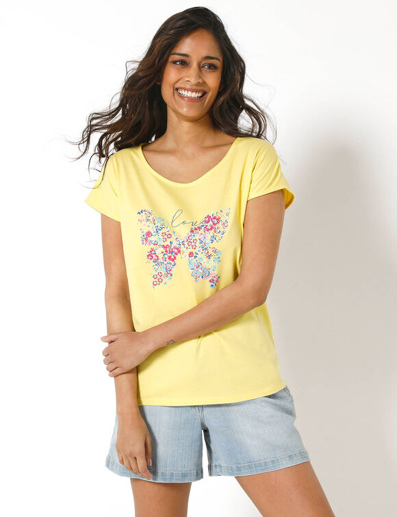 T-shirt manches courtes, imprim&eacute; plac&eacute; "papillon" (jaune)