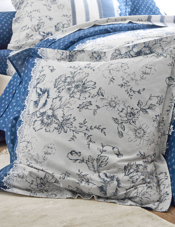 Linge de lit Gabrielle flanelle, imprimé fleurs et dentelle (bleu marine)