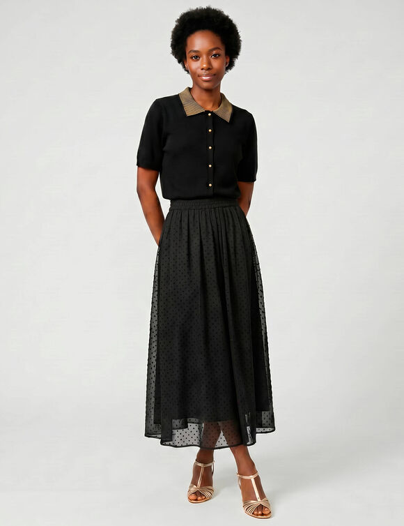 Lange rok, plumetis-voile, elastische tailleband (zwart)