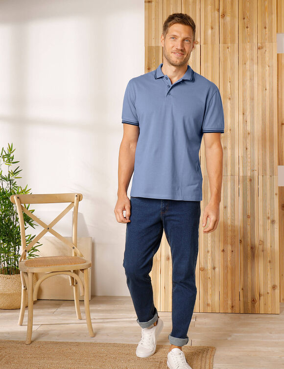 Polo uni maille piquée manches courtes (bleu jean)