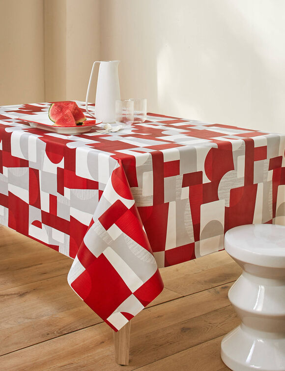 Tafellaken in toile cirée met duo patchwork print (grijs / rood)