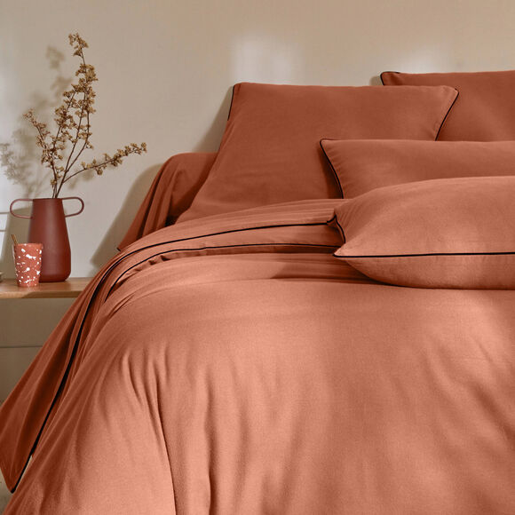 Linge de lit uni flanelle passepoil contrasté, collection "Intemporelle" (tomette)