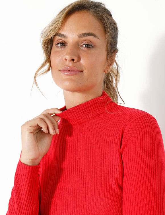 Pull col montant court, maille côtelée (rouge)