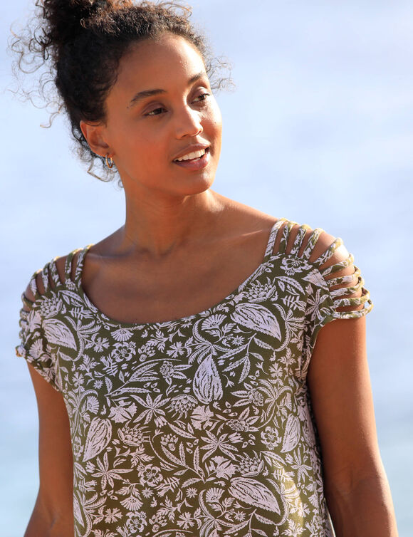 T-shirt la&ccedil;age &eacute;paules imprim&eacute; bicolore, maille (kaki / blanc)