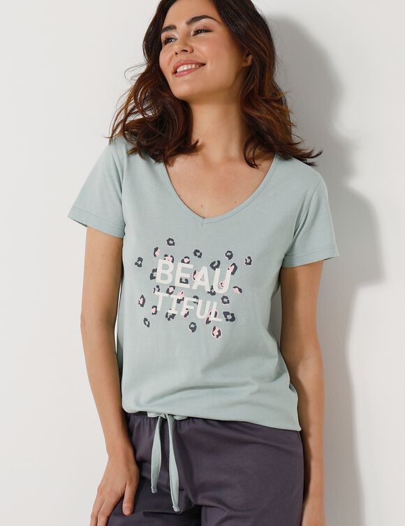 T-shirt met korte mouwen in effen katoen geplaatste "Beautiful" print (celadon)