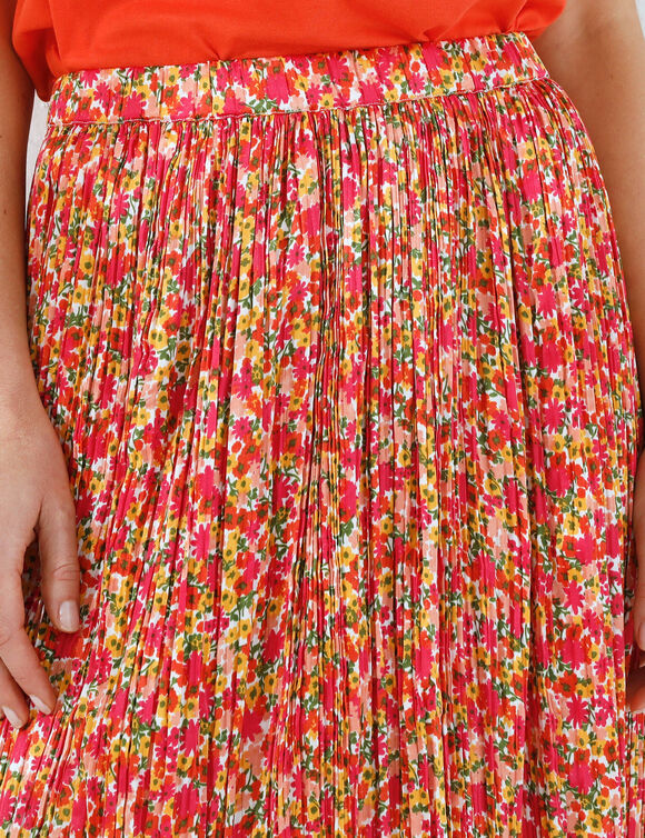 Jupe plissée satin imprimé (orange / rose)