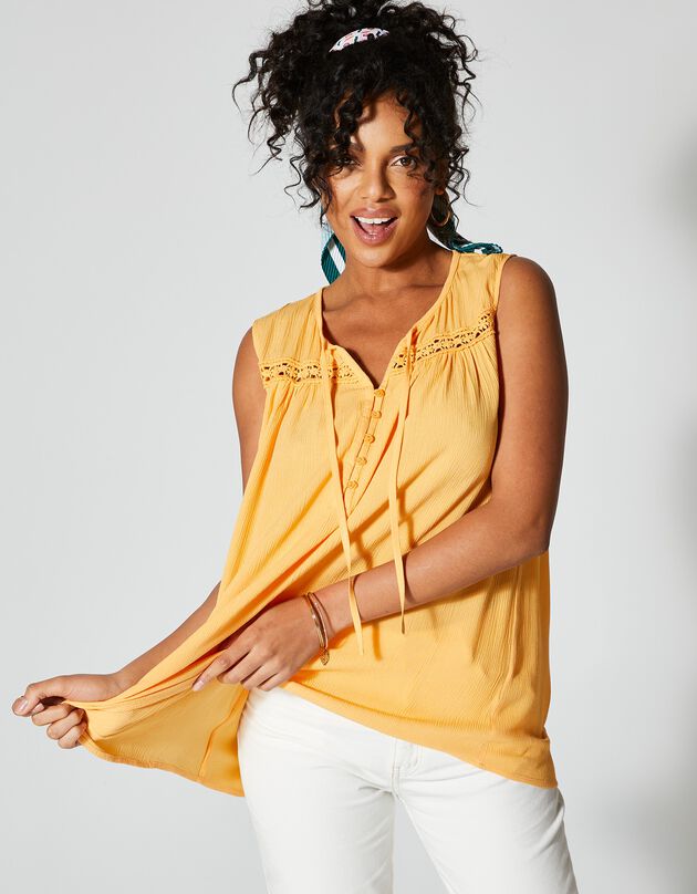 Effen, mouwloze tuniek, crepon en macramé (mango)