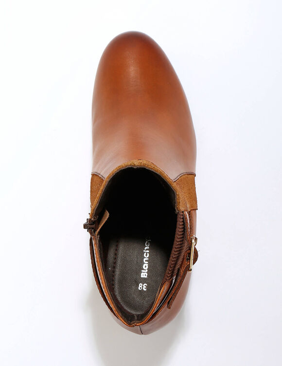 Elastische, leren boots in 2 materialen, met gesp en hak (karamel)