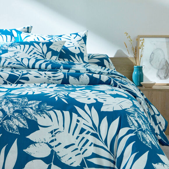 Linge de lit Paddy imprimé feuillage, coton (bleu paon)