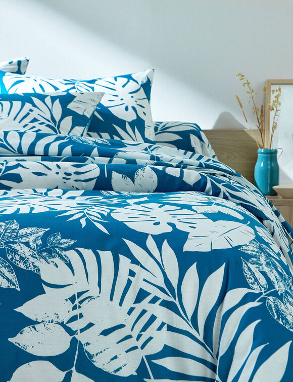 Linge de lit Paddy imprimé feuillage, coton (bleu paon)