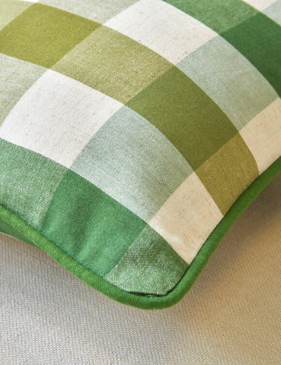 Coussin rectangulaire coton lin carreaux (vert)