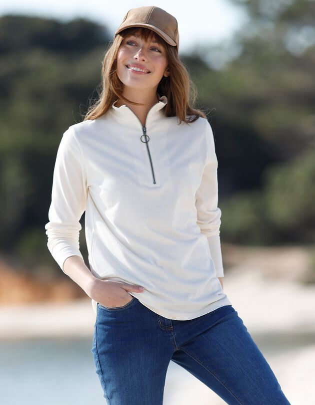 T-shirt zippé en coton, uni  (écru)