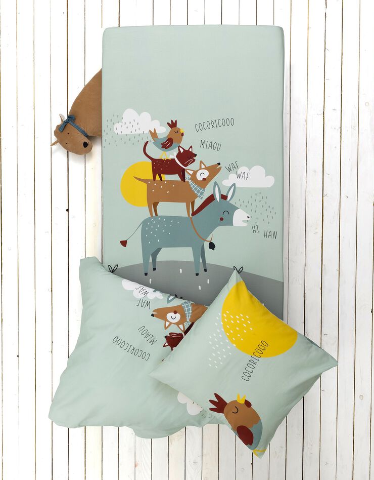 Linge de lit enfant Cocorico imprimé 1 personne - coton (céladon)