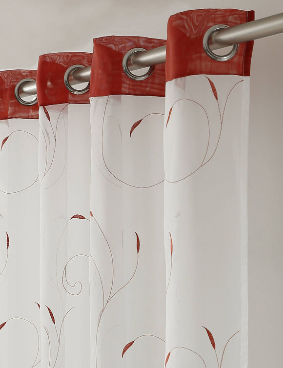 Rideau panneau voile petites feuilles brodées (terracotta / blanc)