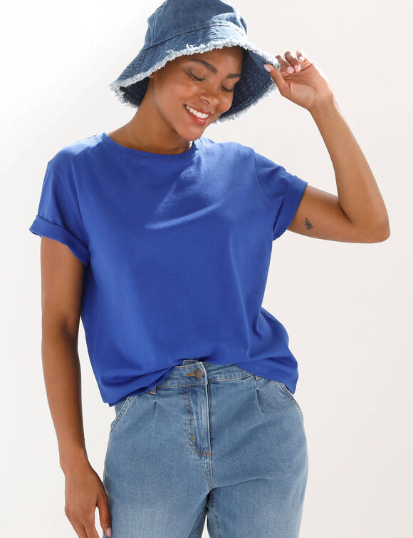 'Loose' T-shirt in katoen, effen (felblauw)