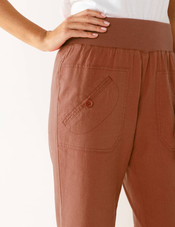 Pantalon droit 7/8&egrave;me, taille &eacute;lastiqu&eacute;e, lin coton (corail)