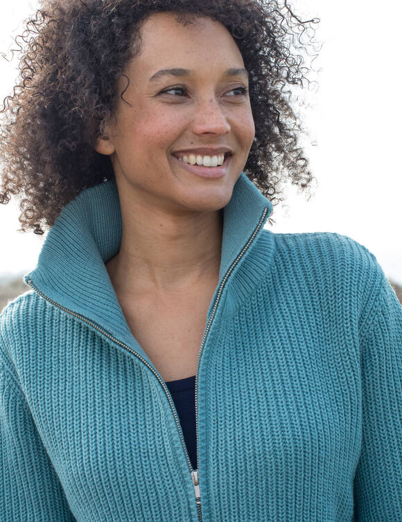 Gilet zipp&eacute; col montant, maille anglaise (c&eacute;ladon grise)