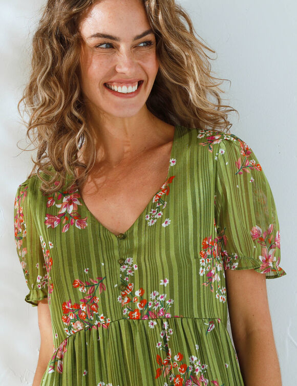 Robe courte imprimé floral, voile fils brillants (kaki / rose)
