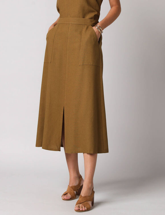 Jupe longue fluide fendue, en viscose lin (vert olive)