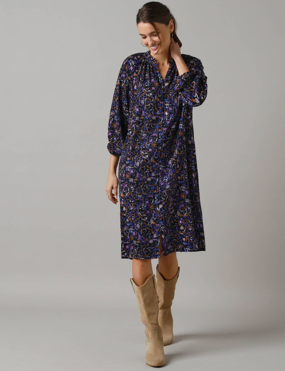 Robe chemisier boutonnée imprimée (noir / bleu)