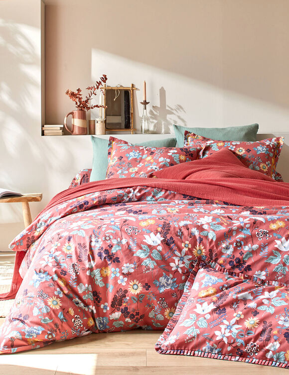 Linge de lit Kelly en coton imprim&eacute; floral (bois de rose)