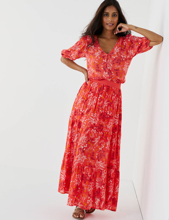 Chemisier boutonn&eacute; imprim&eacute; fleuri, cr&eacute;pon (corail)