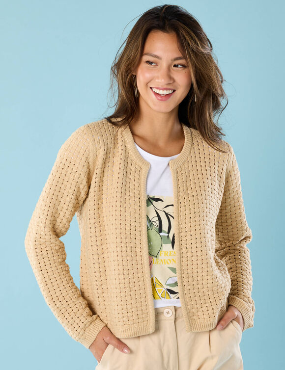 Gilet paletot maille fantaisie,  Sp&eacute;cial Petites (sable)