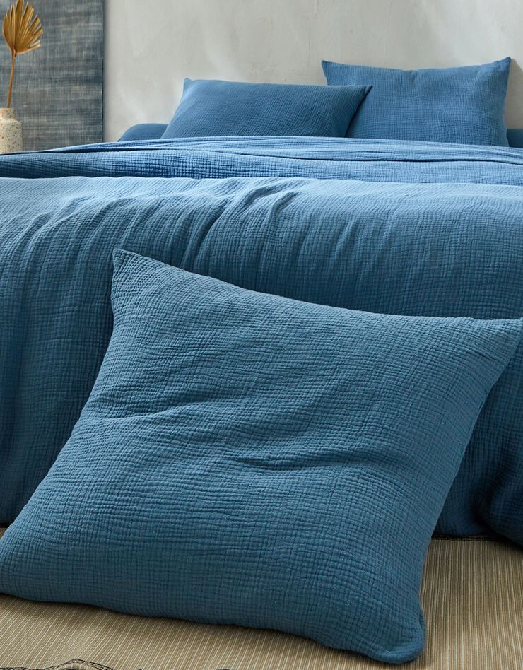 Linge de lit uni en triple gaze de coton (bleu)