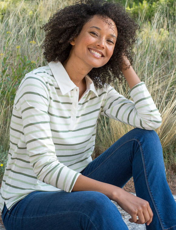 T-shirt ray&eacute; col polo, maille jersey (&eacute;cru / vert amande)