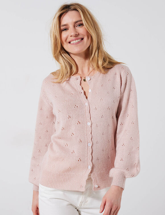 Vest met knoopsluiting en geschulpte afwerking, pointelletricot met mohairtouch (poederroze)