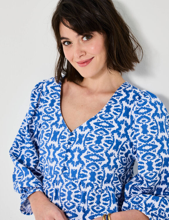 Robe courte évasée, imprimé ikat (bleu / blanc)