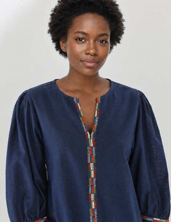 Blouse brod&eacute;e en coton unie, manches 3/4 (marine)