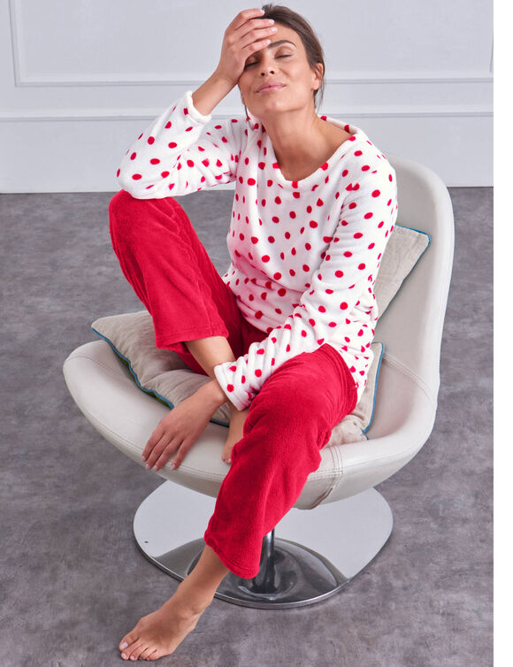 Pyjama polaire imprimé pois toucher peluche manches longues (cerise pois)