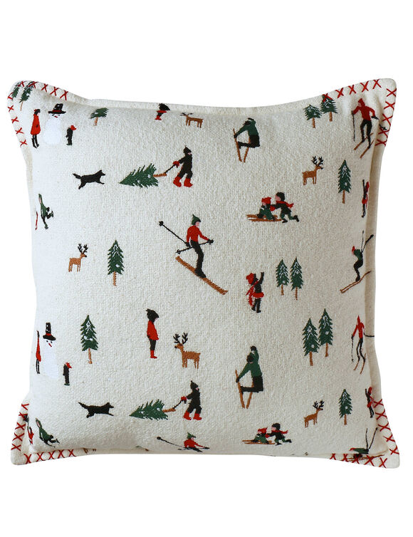 Coussin coton bouclette, broderies skieurs (écru / rouge / vert)