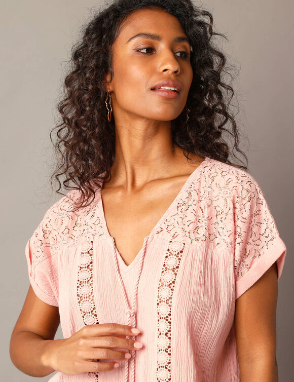 Tunique unie, dentelle et crépon (rose blush)