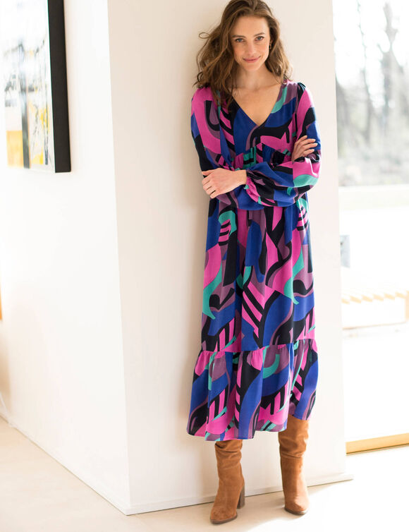 Robe longue fluide imprimée col V, viscose (marine / violine)